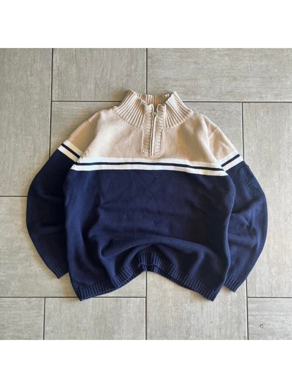 Liz Claiborne Mens XL Quarter Zip Sweater Navy Tan Striped Cotton Knit